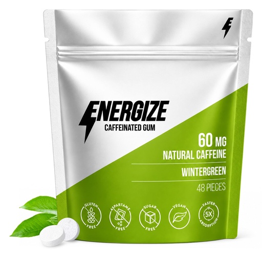 [BRSREEA6OEIQIF3P] ENERGIZE Wintergreen Caffeine Gum, Natural Green Coffee Bean Energy Gum with Vitamin B6 B12, Sugar Free Caffeinated Chewing Gum for Focus, 48 Pieces