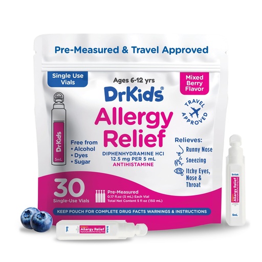 [BRSREHYCBBYGY3LG] Dr. Kids Children's Allergy Relief Medicine with Diphenhydramine HCl 12.5 mg - Pre-Measured Single-Use Vials, Kids Antihistamine for Sneezing, Runny Nose & Itchy Eyes, Mixed Berry Flavor, 30 Count