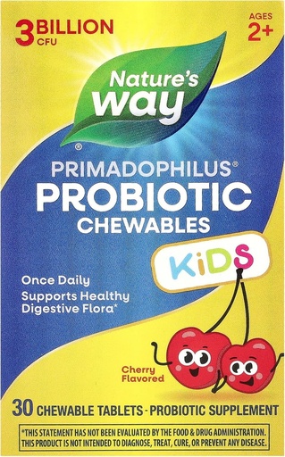 [BRSWIYTYO4GBCHAV] Nature's Way Primadophilus Probiotic Chewables for Kids, Supports Healthy Digestive Flora*, for Kids Ages 2+, 3 Billion CFU, 30 Cherry Flavored Chewables (Packaging May Vary)