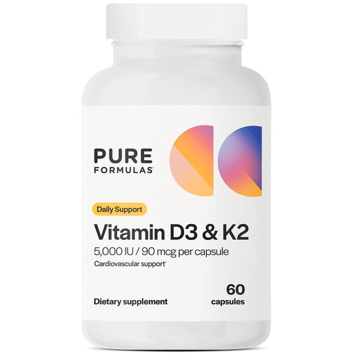 [BRSRE2YLOYARQ3TU] PureFormulas Vitamin D3 K2 Supplement, 5000 Iu Vitamin D3 and 90 mcg Vitamin K2, Supports Bone Strength, Calcium Balance, Heart Health, Gluten-Free & Non-GMO, 60 Capsules for Optimal Wellness