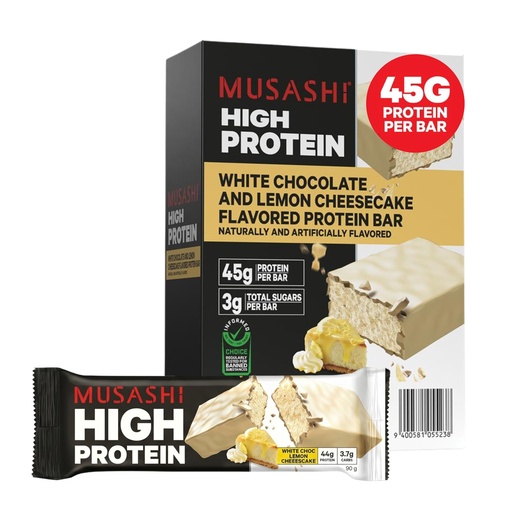 [BRSRYYAOOF7RSAIV] MUSASHI High Protein Bar, 44g Protein, 3.7g Total Sugars, Lemon Cheesecake, Post Workout and Protein Snack On The Go, 12 Pack of 3.2oz (90g) Bars