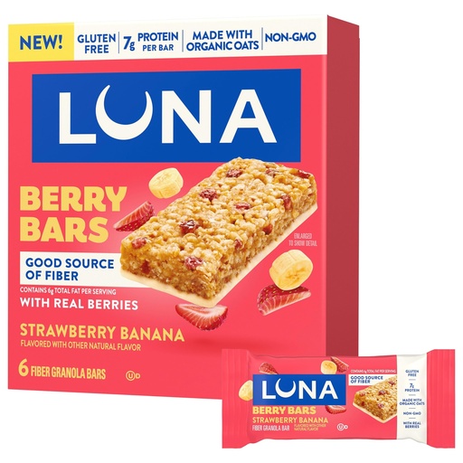 [BRSREHABOUJQYAL2] LUNA Berry Bars - Strawberry Banana Flavor - Fiber Granola Bars - Non-GMO - Gluten Free Protein Bars - Made with Organic Oats (6 Pack)