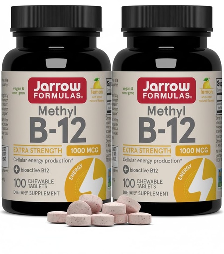 [BRSRGHYQAECQ2HLB] Jarrow Formulas Methyl Vitamin B-12 1000 mcg, 100 Chewable Tablets, Lemon Flavored- Vitamin B12 - Supports Cellular Energy Production, Brain Health & Metabolism - 100 Servings (Pack of 2)