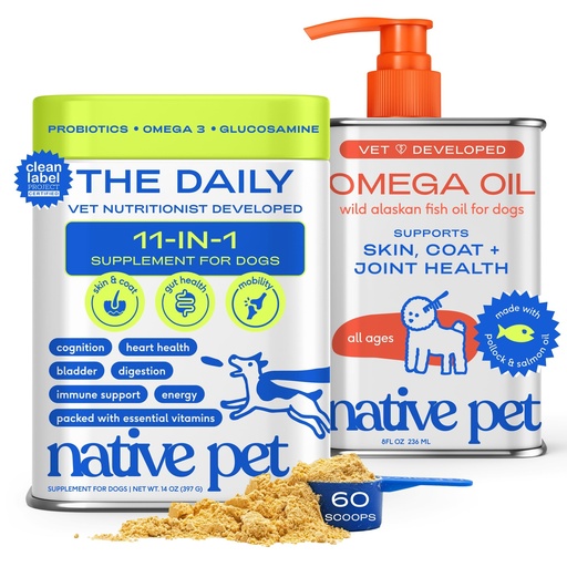 [BRSRGFIFCBYAEDTB] Native Pet Daily Wellness Bundle - Dog Vitamins and Supplements & Omega 3 Fish Oil Wild Alaskan Salmon Fish Oil for Dogs - 11-in-1 Multivitamin Powder Supports Joints, Gut, Skin, Coat & Heart Health