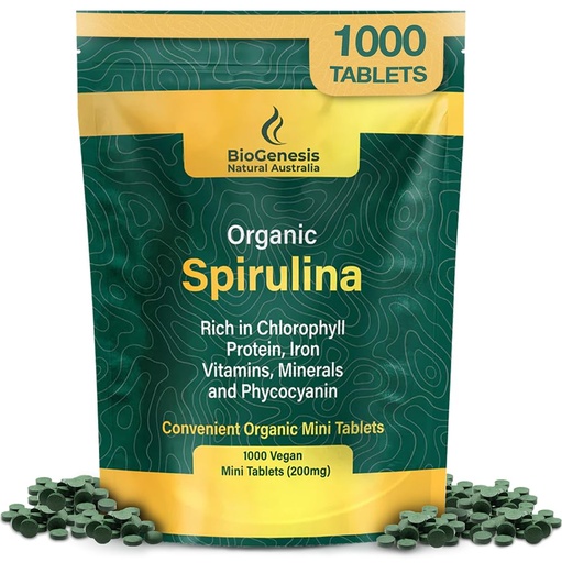 [BRSROGQTAF7GECAY] Biogenesis Organic Spirulina Mini Tablets – 1000 Count (200mg) | Australian Grown Blue-Green Algae | Rich in Phycocyanin, Chlorophyll & B Vitamins | Supports Daily Energy & Immunity | Vegan Mini Tabs