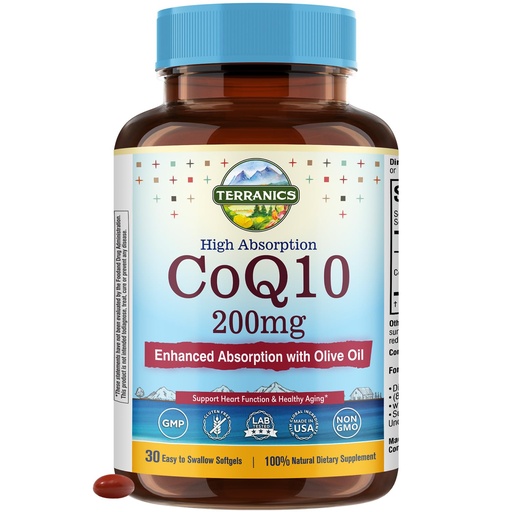 [BRSRACQ5OQCROG3P] Terranics CoQ10 200mg, Coenzyme Q10 with Extra Virgin Olive Oil for High Absorption, No Gluten, Non-GMO, for Heart Health, Energy, Antioxidant Capacity, 30 Easy to Swallow Softgels