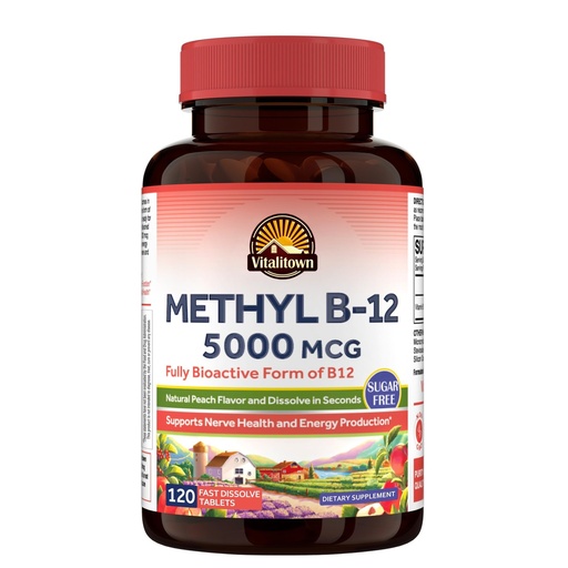 [BRSRAAT3AEIWMH34] Vitalitown Vitamin B12 (Methyl B12) 5000 mcg, Fully Bioactive Form, Support Energy Production, Natural Peach Flavor, Zero Sugar, 120 Fast Dissolve Tablets