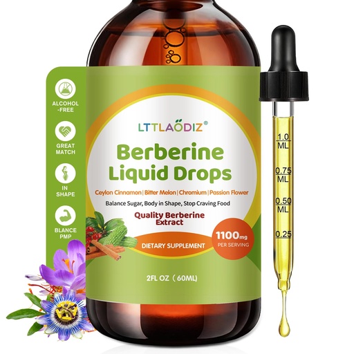 [BRSREBT6AVYBODI6] Liquid Berberine Drops with Ceylon Cinnamon & Chromium Picolinate – Blood Sugar Support Complex – Berberine Liquid Supplement, 300mg per Serving, 2 fl oz