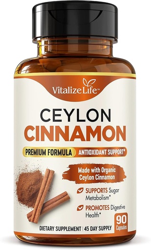 [BRSRGGD2A54AY33D] Ceylon Cinnamon Capsules 1200mg – Made in USA – Certified Organic Cinnamon Supplements – Supports Healthy Metabolism and Glucose Balance – 90 Vegan Pills