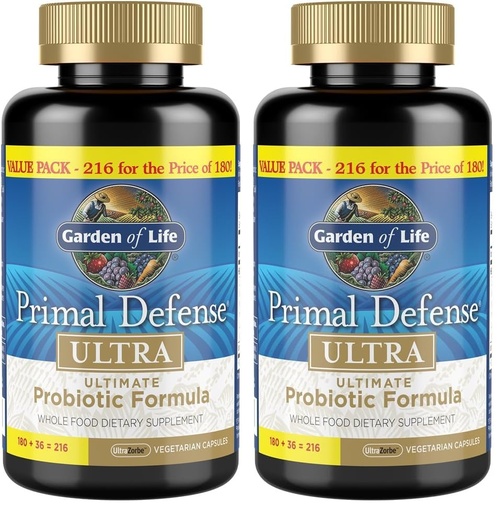 [BRSRGGQKBYIBU2T7] Garden of Life Probiotics for Digestive Health and Gut Health Balance,Primal Defense Ultra Ultimate Formula,15 Billion CFU and 13 Strains Plus HSOs,Vegetarian-and Gluten Free,216 Capsules,(Pack of 2)