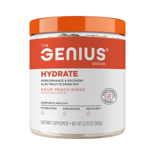 [BRSROCQLDMIAAF3H] The Genius Brand Genius Hydrate - Electrolyte Supplement for Daily Hydration - Coconut Water - Sugar-Free - 8 Essential Minerals & Nutrients - Non-GMO - Sour Peach Rings - 50 Servings