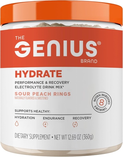 [BRSROCQLDMIAAF3H] The Genius Brand Genius Hydrate - Electrolyte Supplement for Daily Hydration - Coconut Water - Sugar-Free - 8 Essential Minerals & Nutrients - Non-GMO - Sour Peach Rings - 50 Servings