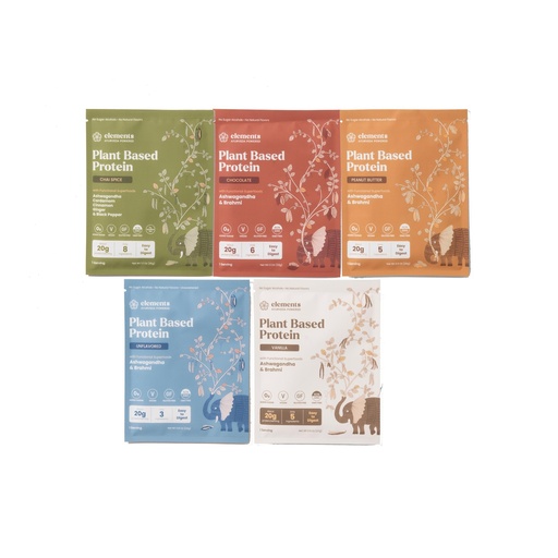 [BRSRGBIDCN5BYDTB] Elements Plant Based Protein Powder Combo Pack | 20g Easy to Digest Protein - 5 Servings | Vegan, Gluten Free, No Added Sugar, Ayurveda Powered | Monk Fruit Sweetened