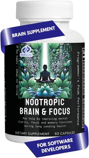 [BRSRAFQDDJYRGFLH] Nootropic Brain Supplements for Memory & Focus with GABA, Green Tea Extract, Bacopa monnieri, DMAE, Phosphatidylserine | Supports Mental Clarity & Cognitive Function | Vitamin B6 - 60 Capsules