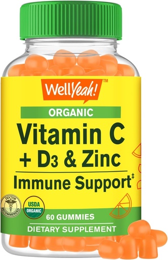 [BRSROYI2BF4BOG3F] WellYeah Organic Vitamin C + D3 + Zinc Gummies - Immune Boosting, Antioxidant-Rich, and Bone Health Supporting, USDA Organic, Vegan, and Non-GMO - Gluten-Free, Nut-Free Gummy - 60 Count