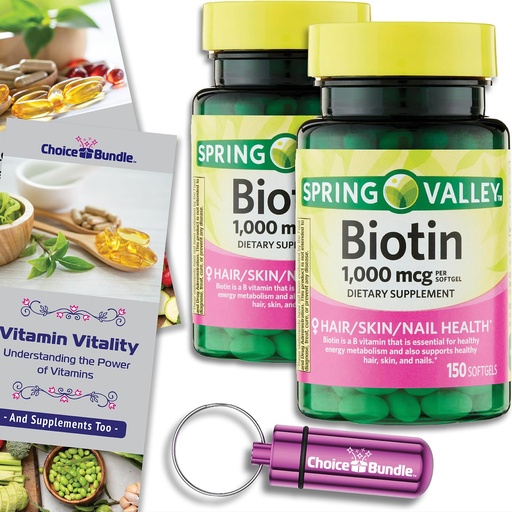 [BRSRAZA2OB5RADYU] Choice Bundle Spring Valley Biotin Softgels 1000mcg Dietary Supplement for Hair Skin Nail Health 150 Ct 2 pk (300 Total) + Vitamin Guide & Pill Container (4 Items)!