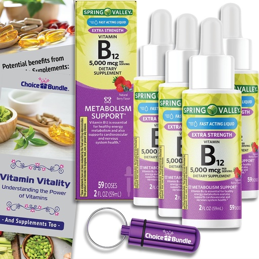 [BRSRABQDA4HGMFI3] Choice Bundle Spring Valley Liquid Vitamin B12 5000 mcg Metabolism Dietary Supplement Berry 2 fl oz 4 pk (8 oz Total) + Vitamin Guide and Pill Container (6 Items)!