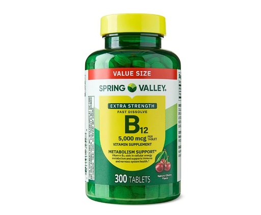 [BRSRECAROF7BMFL6] Vitamin B12 Supplement Extra Strength, 5000 mcg, 300 Count, Cherry, Fast Dissolve Tablets for Metabolism Support + Daily Supplement Tracker Sticker