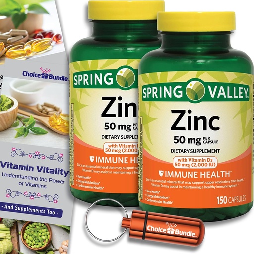 [BRSREBLYCB7ROEYU] Spring Valley Zinc 50 mg with Vitamin D 50 mcg 150 Ct Immune Health Dietary Supplement Capsules 2 pk (300 Total) + Vitamin Vitality & Pill Container (4 Items)!