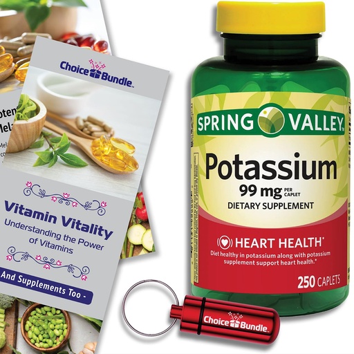 [BRSREAILOIHQ2YDZ] Spring Valley Potassium Heart Health Dietary Supplement Caplets 99 mg 250 Ct Plus Vitamin Vitality & Pill Container (3 Items)!