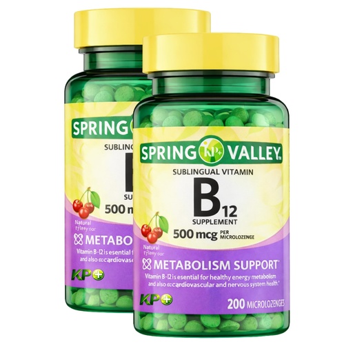 [BRSRGZQHBMGWMDT3] KP+ Spring Valley Vitamin B12 | B12 500 mcg Vitamin Supplement | Metabolism Support | Natural Cherry Flavor | 200 Microlozenges | Pack of 2