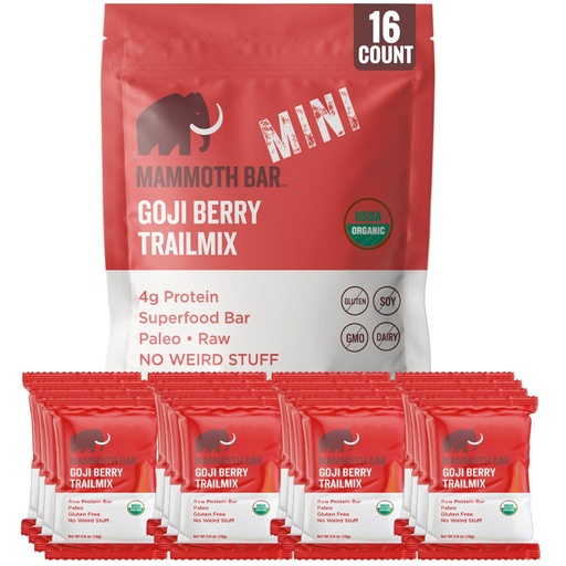 [BRSRAGQPB56GY3D4] Mammoth Bar Goji Berry Trail Mix Mini Bar - Mini Organic Snack Bar Packed with 4g Protein. Made with Goji Berries, Almonds, Pistachios, Sunflower Seeds & Egg White Protein. Paleo • Gluten Free • Raw - 16 Mini Bars