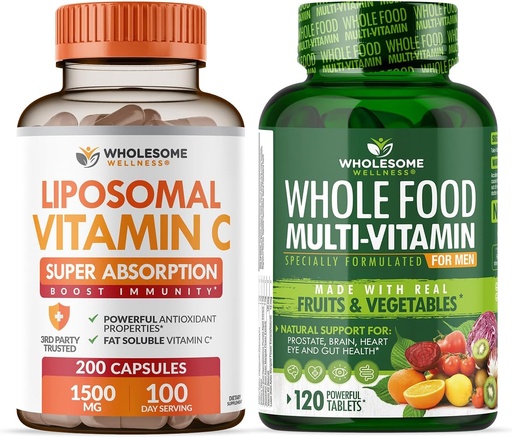 [BRSRAYL4CEPGOAD5] Wholesome Wellness Liposomal Vitamin C Capsules (200 Pills 1500mg Buffered) High Absorption + Food Multivitamin for Men - Natural Multi Vitamins, Minerals, Organic Extracts Bundle