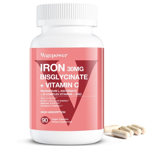 [BRSRAZAOBB4BQFDX] Iron Bisglycinate 30 mg with Vitamin C - High Absorption Iron Supplements for Anemia, Energy & Healthy Red Blood Cells - Gentle on Stomach, Non-Constipating, Non-GMO - 90 Vegan Capsules