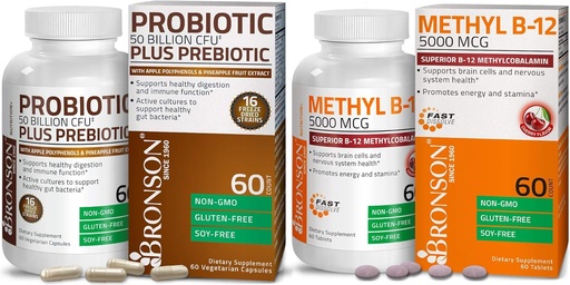 [BRSWYZQCBEFRQFY2] Bronson Probiotic 50 Billion CFU + Prebiotic with Apple Polyphenols & Pineapple Fruit Extract + Methyl B12 5000 mcg Vitamin B12 Methylcobalamin