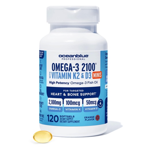 [BRSRGYIKCAAWAADD] Oceanblue Professional Omega-3 2100 with Vitamin K2 and D3 - Triple Strength EPA DHA Omega 3 Supplement - Burpless Wild Caught Fish Oil - Orange Flavor, 120 Softgels