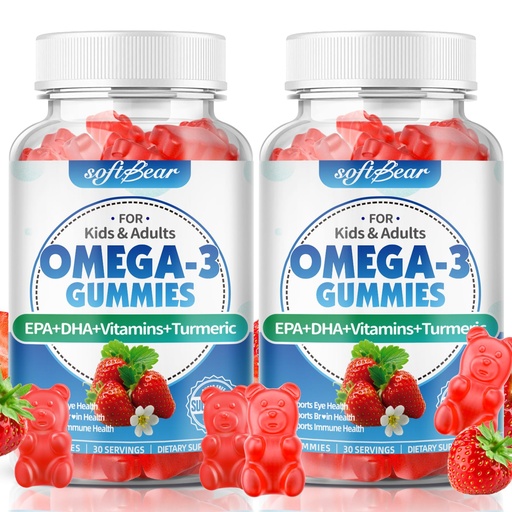 [BRSRGY32B57B6GYU] softbear Omega 3 Gummies for Women & Men & Kids Omega 3 Supplements 1200mg Vegan Omega 3 Fatty Acids DHA EPA with Vitamins Support Eye & Brain Health, Sugar Free, Strawberry Flavor 120 Count
