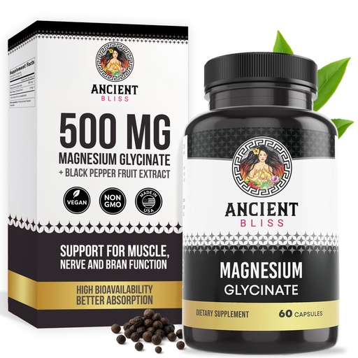 [BRSRO2YBAQCQMYLX] Ancient Bliss Magnesium Glycinate for Muscles & Nerves, Digestive & Immune Support Supplement, Magnesium Supplement for Women & Men (60 Capsules)