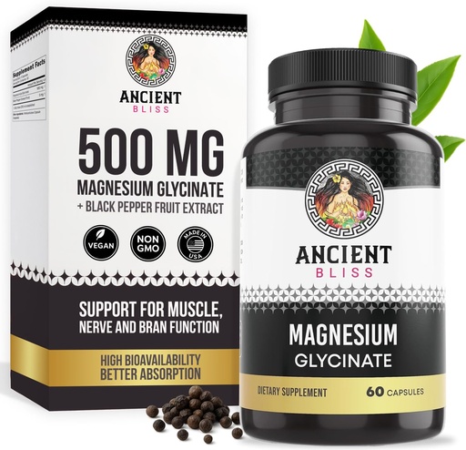 [BRSRO2YBAQCQMYLX] Ancient Bliss Magnesium Glycinate for Muscles &apos; Nerves, Digestive &apos; Immune Support supplement, Magnesium supplement for Women &quot; Men (60 Capsules)