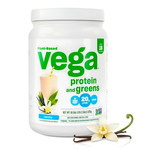 [BRSWKYIMAAGAE3DY] Vega Premium Protein + Supergreens, Vanilla – 20g Vegan Protein, Dairy & Gluten Free, 19.2 oz (18 Servings)