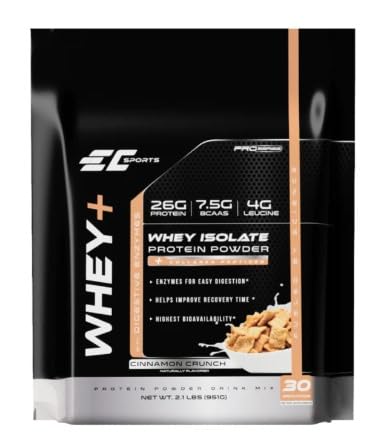 [BRSROCT2BMIBQETF] EC Sports Whey+ Protein Powder, Cinnamon Crunch Mix w/Digestive Enzymes - Isolate Supplement, Collagen Peptides w/Swift Reform - 30 Servings