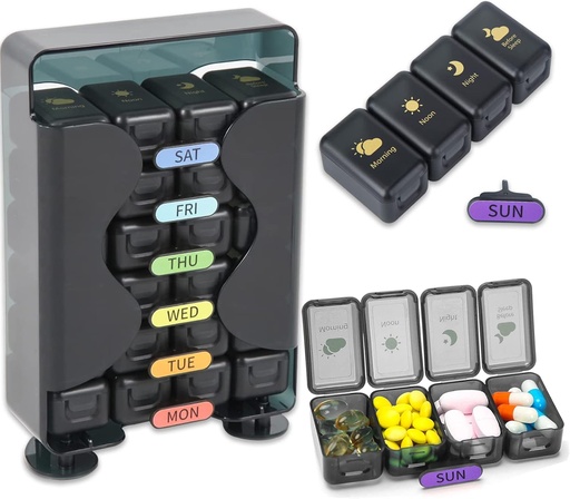 [BRSRMCDRAQBG2DQU] Weekly Pill Organizer 7 Day 4 Times a Day， Large Pill Box Organizer with Drawer Designed， Daily Pill Organizer to Hold Medicine, Medication, Vitamins and Fish Oils (Black)