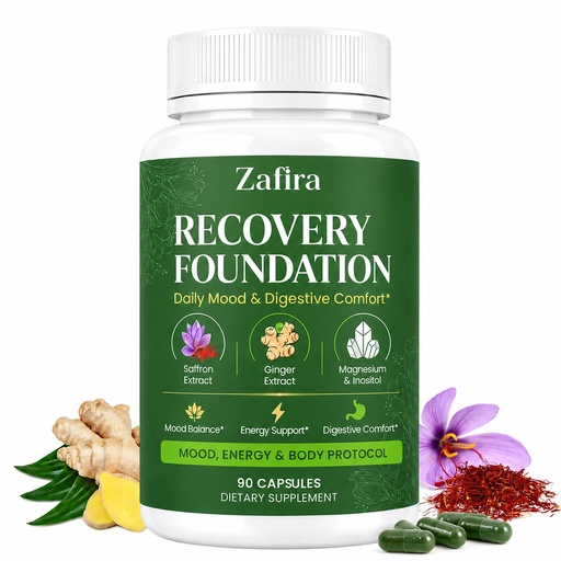 [BRSRYYA3OFYRMHLF] Zafira Organics Recovery Foundation Capsules, Natural Herbal Formula with Saffron Ginger Extract, Magnesium, Zinc, B12 for Digestion, Mood, Hair Support, Non-GMO, 90 Capsules