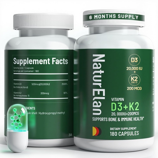 [BRSW2BA2OV7AAHQZ] Vitamin D3 K2 - 20,000 IU D3 + 200mcg K2(MK-7), 180 Capsules, Supports Bone, Immune, Heart & Teeth Health, Third-Party Tested, Vegan, Non-GMO, Gluten Free K2 D3 Vitamin Supplement for Men & Women