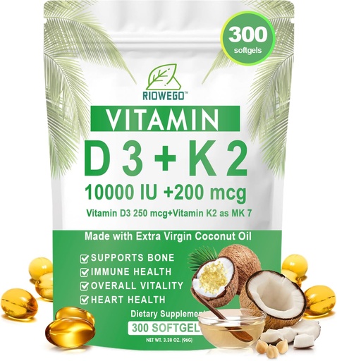 [BRSREAAECQNQMADG] Vitamin D3 + K2 w/Coconut Oil,Vegan Vitamin D 10000IU & Mk7 Vitamin K 200 mcg for Bone, Immune & Heart Support | Easy to Swallow-Non-GMO-300 Softgels