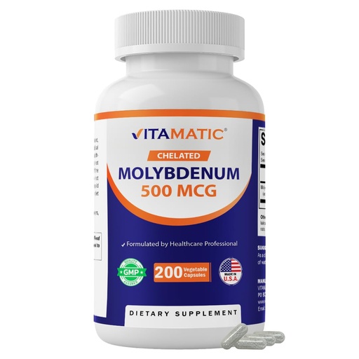 [BRSRGCYYOUDWEHT4] Vitamatic Chelated Molybdenum 500 mcg (as Molybdenum Glycinate Chelate) – 200 Vegetable Capsules – Trace Mineral Supplement – High Absorption – Non-GMO, Gluten Free – Made in USA