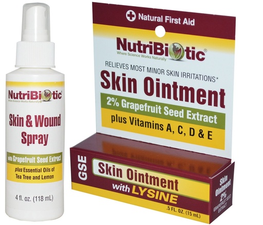 [BRSWGZYLAR7BSE34] NutriBiotic Skin & Wound Spray and Skin Ointment Bundle with Lemon Peel, Tea Tree Leaf, Vitamin C and Grapefruit Extract, 4 fl. oz. and 0.5 oz.