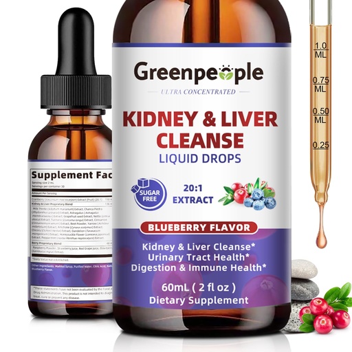 [BRSRAGT3OB5BMDLK] GREENPEOPLE Kidney Cleanse Detox & Repair - 27-In-1 Kidney & Liver Drops with 20:1 Cranberry Extract & Chanca Piedra, Alcohol-Free Supplement for Urinary Tract & Liver Support (2 Oz 1 Pack, Blueberry)