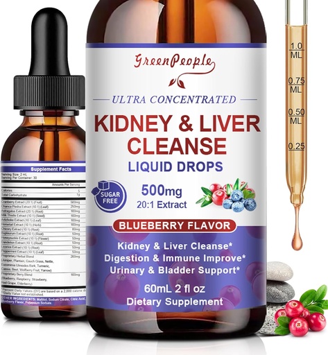 [BRSRAGT3OB5BMDLK] GREENPEOPLE Kidney Cleanse Detox & Repair - 27-i-1 Kidney & Liver Drops med 20:1 Cranberry Extract & Chanca Piedra, Alkoholfri Supplement för urinvägar och leverstöd (2 Oz 1 Pack, Blueberry)