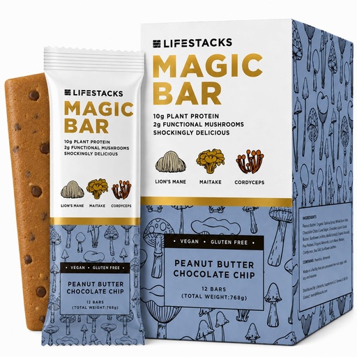 [BRSRGHA7DENAME3H] Magic Bar Functional Mushroom Energy Bars – 10g Plant-Based Protein with Lion’s Mane, Cordyceps & Maitake | Adaptogen Superfood Blend | Made in USA | 12-Pack Peanut Butter Chocolate Chip
