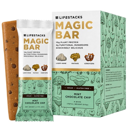 [BRSRGCADA55AKFLK] Magic Bar Functional Mushroom Energy Bars – 10g Plant-Based Protein with Lion’s Mane, Cordyceps & Maitake | Adaptogen Superfood Blend | Made in USA | 8-Pack Mint Chocolate Chip Box