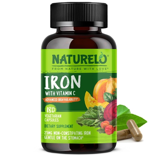[BRSW2AILBYCQMAY4] NATURELO Vegan Iron Supplement with Vitamin C and Organic Whole Foods - Gentle Iron Pills for Women & Men with Iron Deficiency Including Pregnancy, Anemia and Vegan Diets - 180 Mini Capsules