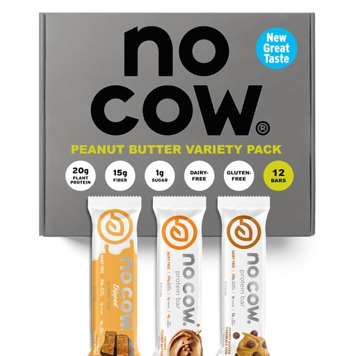 [BRSWYZQDCEBG23L3] No Cow Vegan Protein Bars, Upgraded Peanut Butter Variety Pack | 20g Plant Based Protein, Gluten Free, Dairy Free, Soy Free, Keto Friendly, Low Sugar, High Fiber Snack Bars | Pack of 12