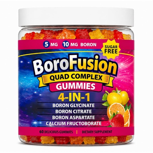 [BRSRGCQ5AANQ2CY6] Boron Supplements 4X Quad Boron Glycinate Citrate Aspartate and Fructoborate - BoroFusion Mixed Strawberry, Lemon and Orange Flavors Sugar Free Vegan 60 Gummies