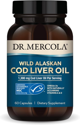 [BRSROEIKA4PREHYZ] Mercola Cod Liver Oil博士,每名服务1,300毫克,30名服务人员(60名卡普勒斯),食物补充,支持脑、骨和联合健康,非GMO,MSC认证