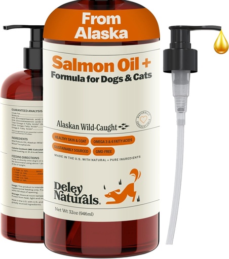 [BRSROGQDCN4GGDTF] Deley Naturals Wild Alaskan Salmon Oil for Dogs - New & Improved Salmon Oil Plus Formula - Fish Oil for Dogs with DHA EPA Omega 3 & 6 Fatty Acids - Omega 3 Fish Oil for Skin & Coat - 32oz Made in USA